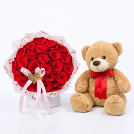Duo valentines day Bouquet 25 Rosses & Teddy Bear 20