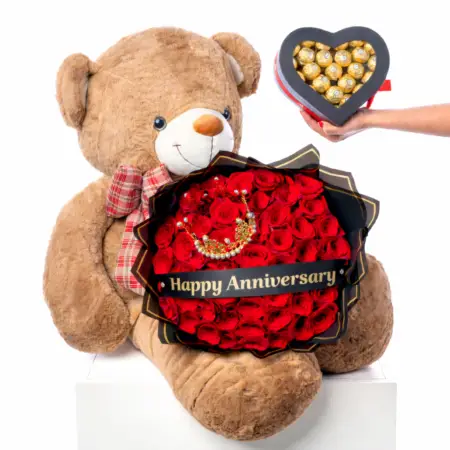 happy anniverary with red roses bouquet and teddy bear for happy anniversary in miami