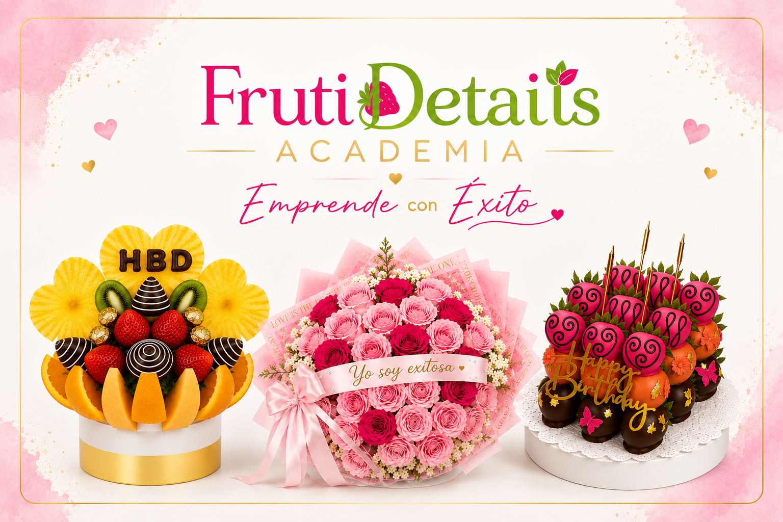 Cursos presencial de rosas, Arreglos de Rosas, Arreglos de Frutas y Cake de Fresas con chocolate